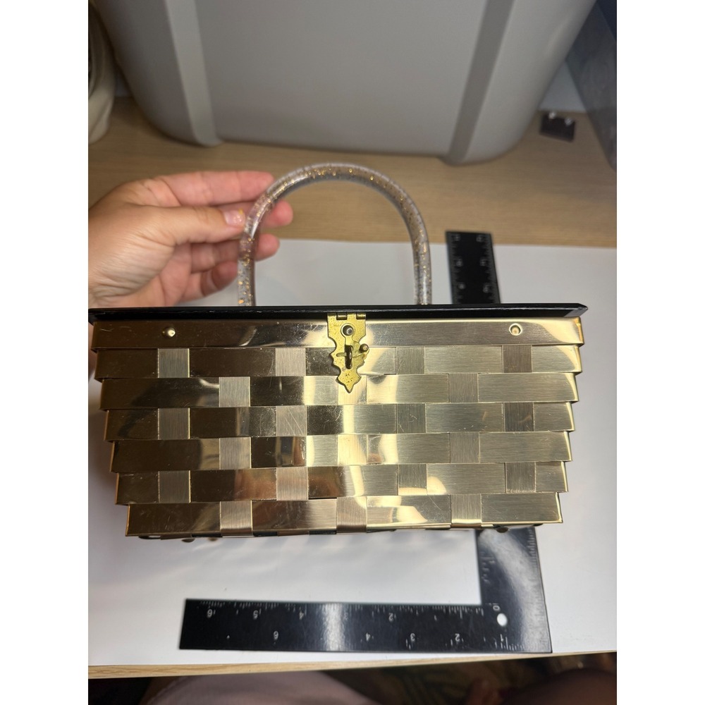 Goldblum Original Gold Metal Basket Weave Box Bag Black Lid Glitter Handle